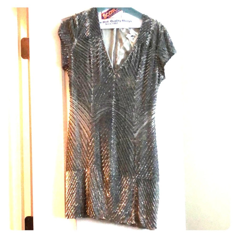 Bloomingdale’s Parker silver gray sequin dress